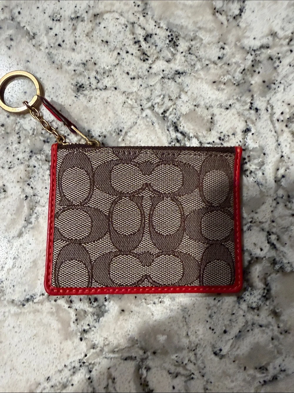 Coach Brown Signature Canvas Card Holder with Red Trim Keyring